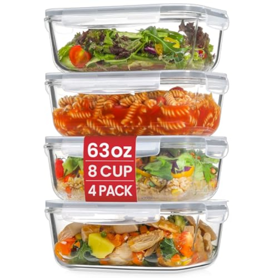 Food Storage Glass Containers Large - 4 Pack 8 Cups/ 63oz Large