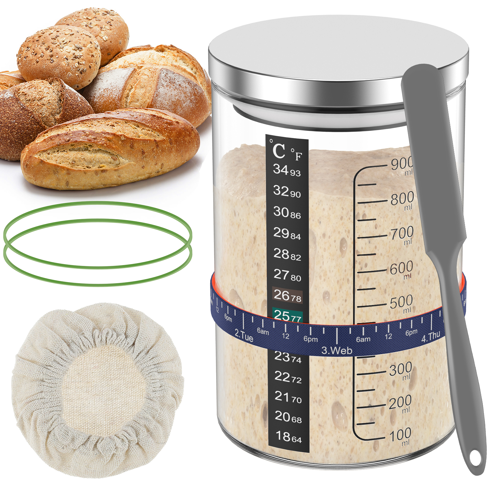 Food Storage Jar Glass - Sourdough Starter Jar Kit 900ml Dough