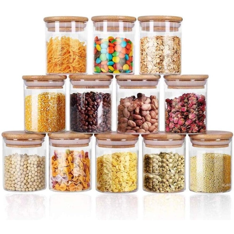 12 Glass Jars Set with Bamboo  - Food Storage Glass Containers Large avaliação e preço