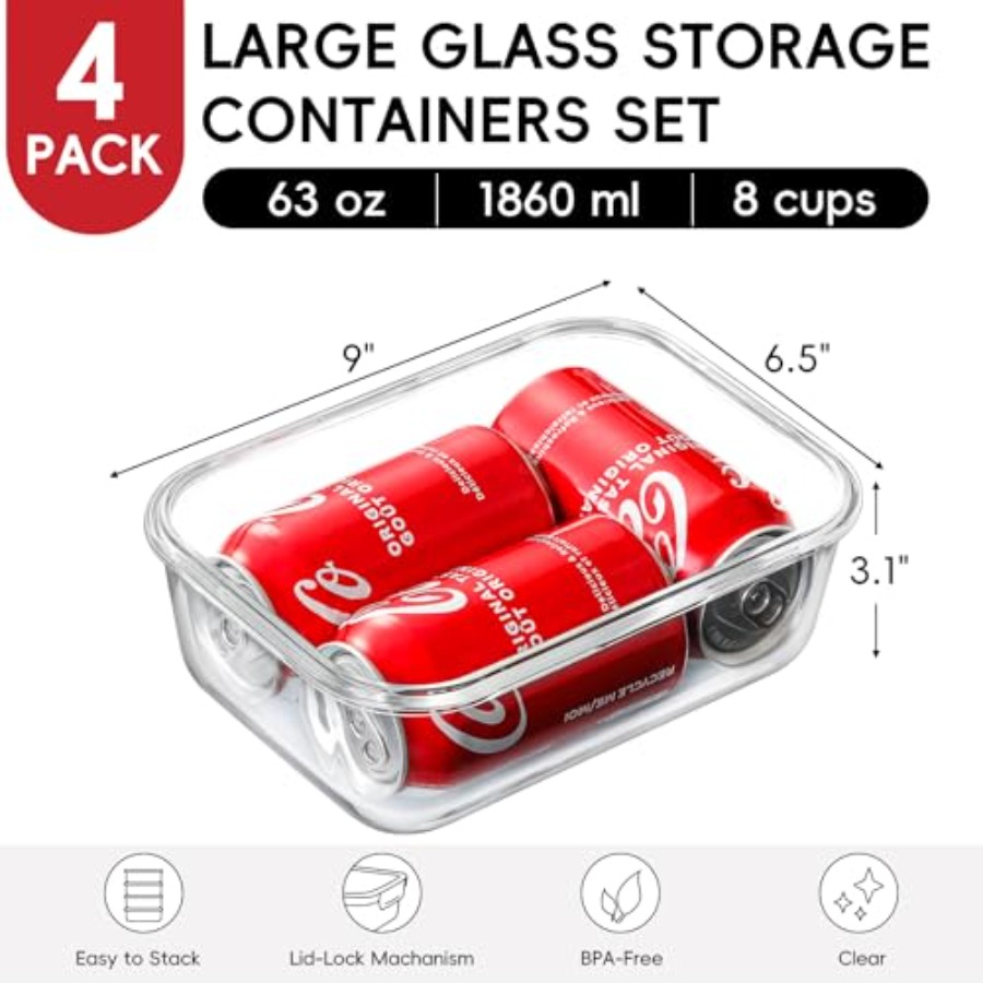 4 Pack 8 Cups/ 63oz Large Glas - Food Storage Glass Containers Large avaliação e preço