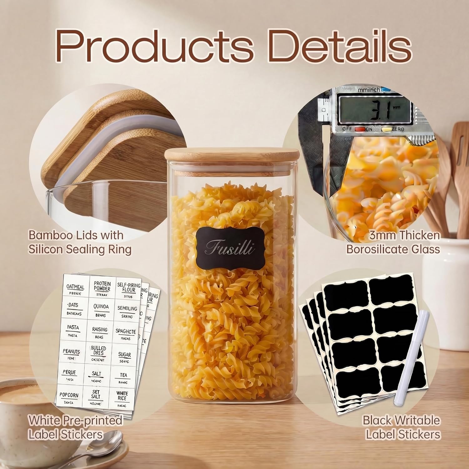 Square Glass Jars with Bamboo  - Food Storage Jar Set avaliação e preço